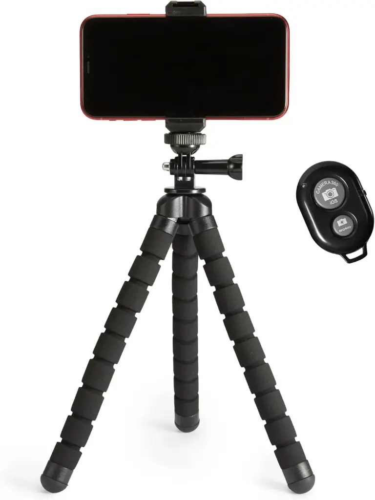 Basics Portable and Flexible Tripod with Wireless Remote and Smartphone Clamp, 10-inch long, Black