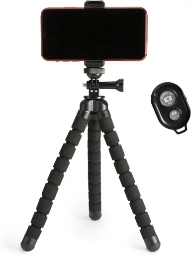 Basics Portable and Flexible Tripod with Wireless Remote and Smartphone Clamp, 10-inch long, Black